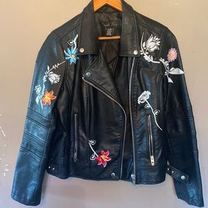 Brandon Tomas faux black leather jacket with floral design